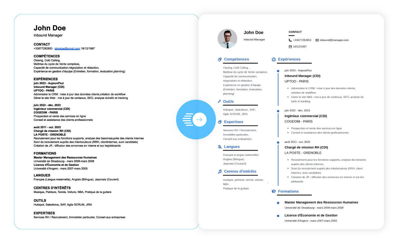 CV avant et après CV Maker d'Uptoo